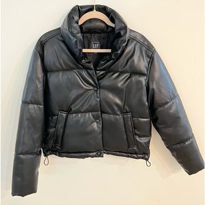 Gap Cropped Black Faux (Vegan) Leather Puffer